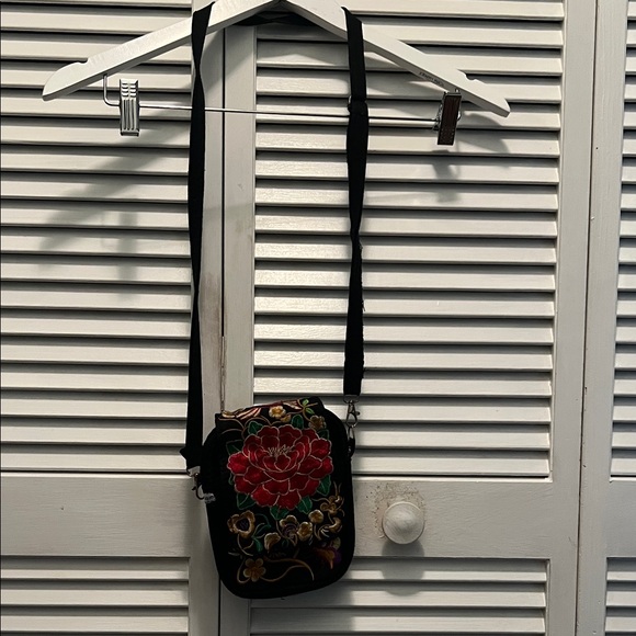 Flora Kung Handbags - #0944+ Mini Handmade Floral Embroidered Black Crossbody Bag W/ WHT hand sew